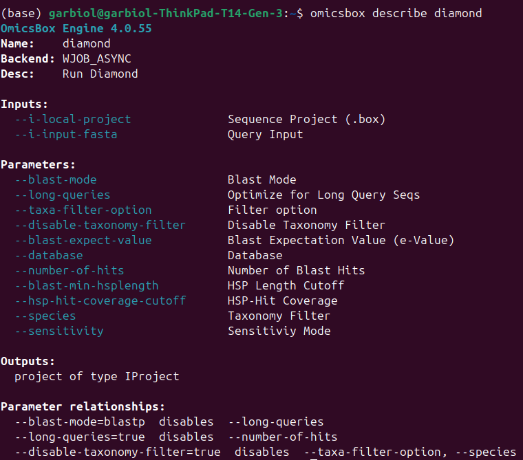 OmicsBox Engine describe diamond command output