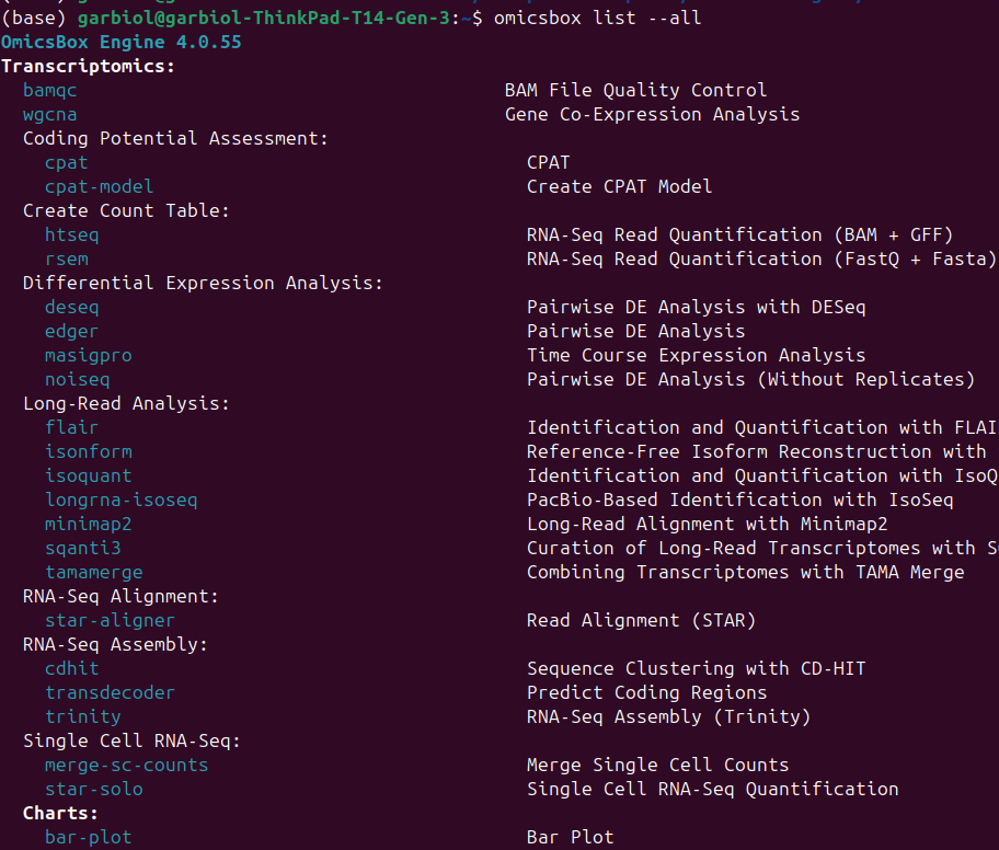 OmicsBox Engine list --all command output