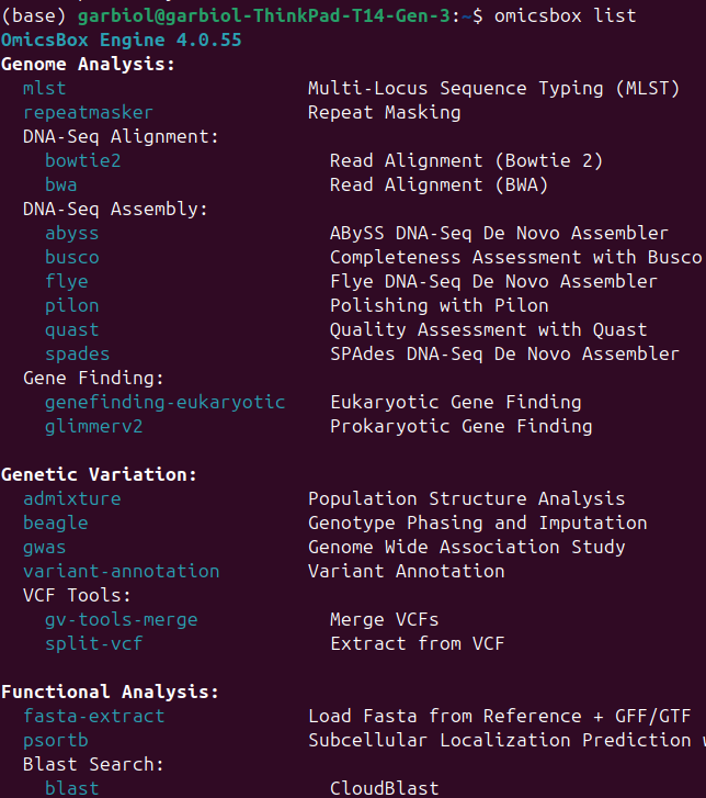 OmicsBox Engine list command output